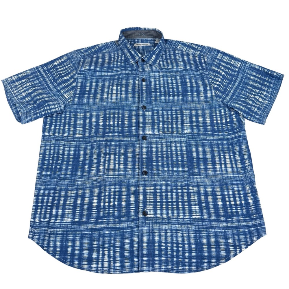Tommy Bahama Shirt Mens XL Blue Ikat 100% Silk Short Sleeve Camp Button Up